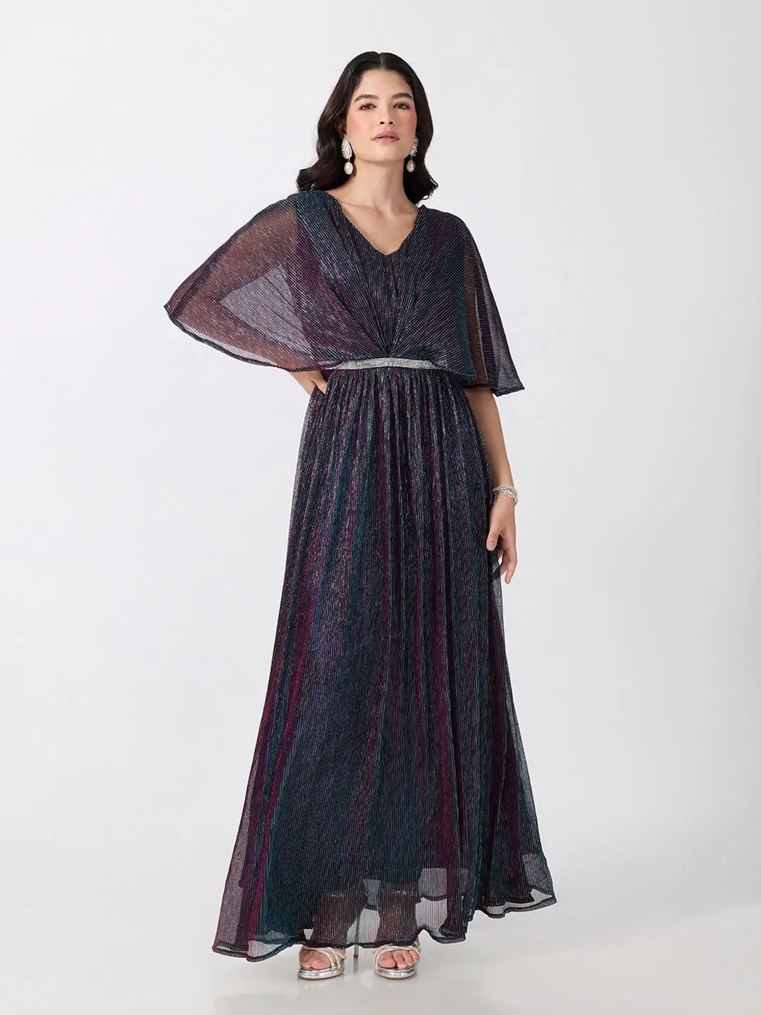 Women's Blue Flared Fit V Neck Maxi Gown with Embellished Waist