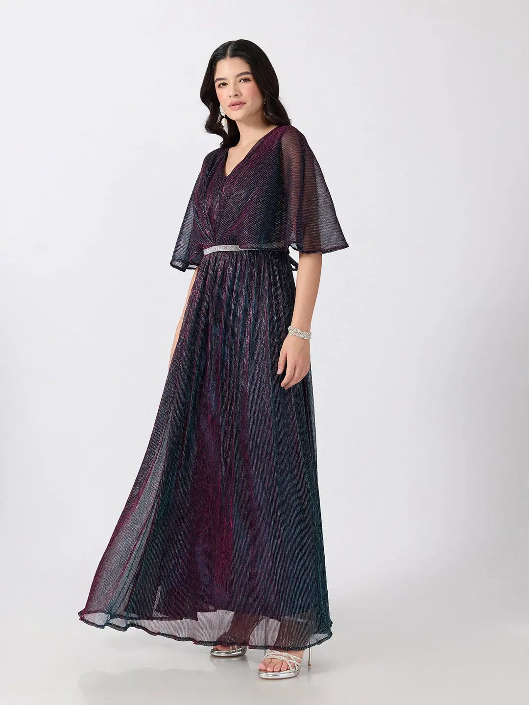 Women's Blue Flared Fit V Neck Maxi Gown with Embellished Waist