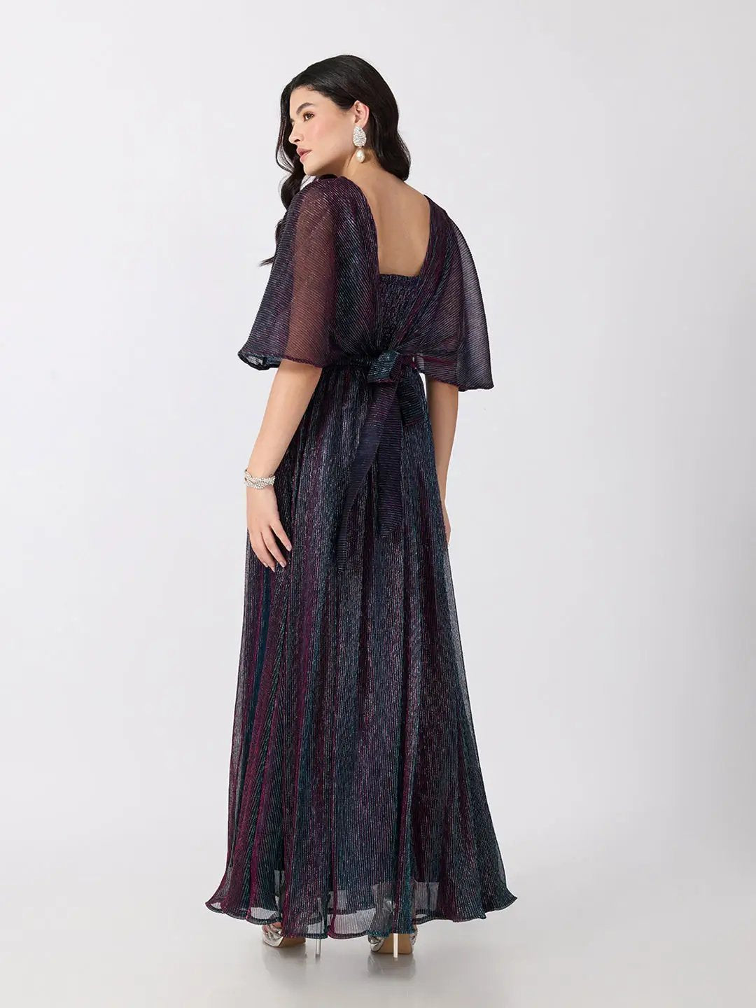 Women's Blue Flared Fit V Neck Maxi Gown with Embellished Waist