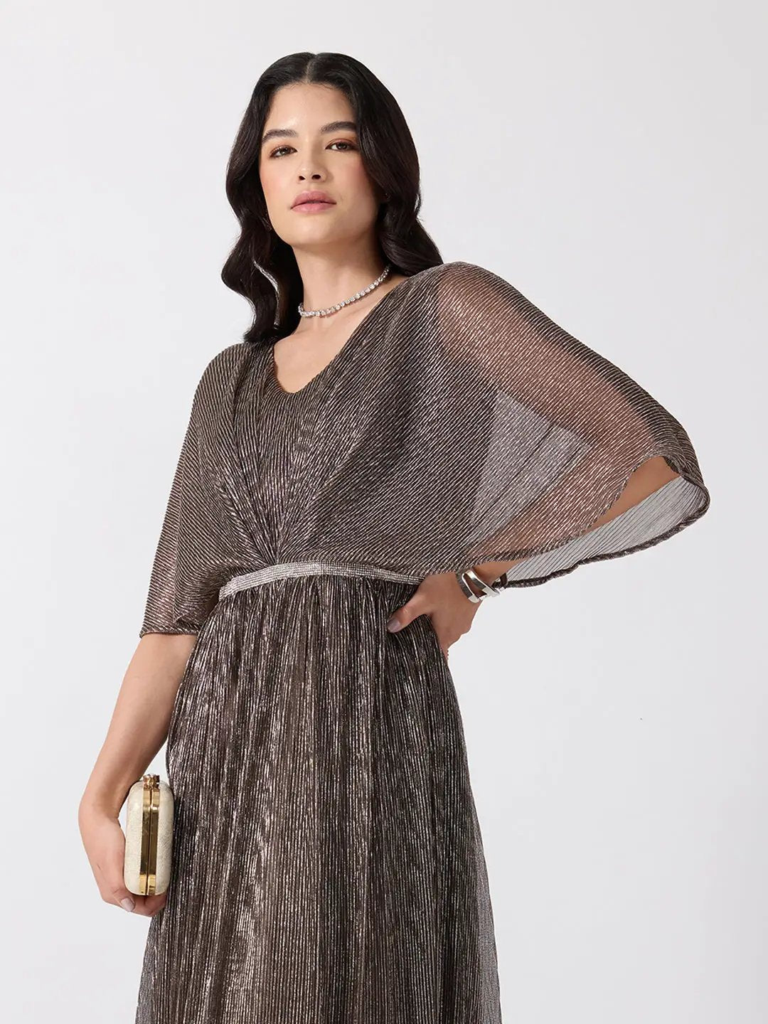 Women's Brown Flared Fit V Neck Maxi Gown with Embellished Waist