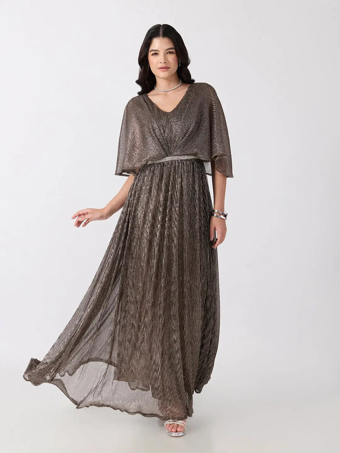 Women's Brown Flared Fit V Neck Maxi Gown with Embellished Waist