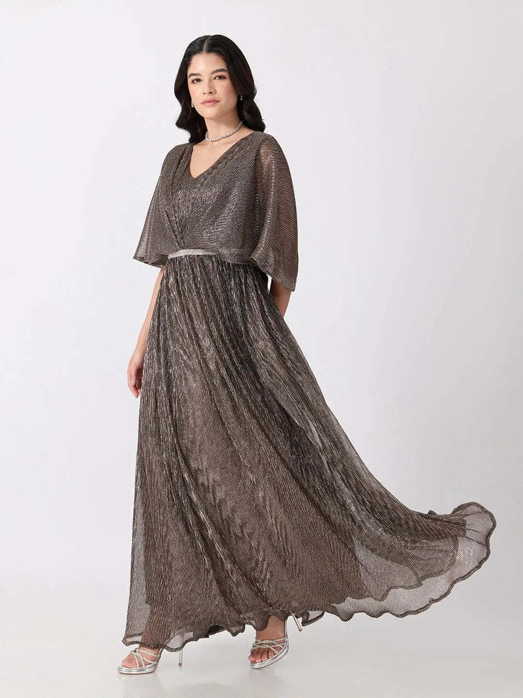 Women's Brown Flared Fit V Neck Maxi Gown with Embellished Waist