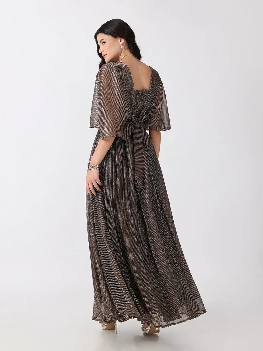 Women's Brown Flared Fit V Neck Maxi Gown with Embellished Waist