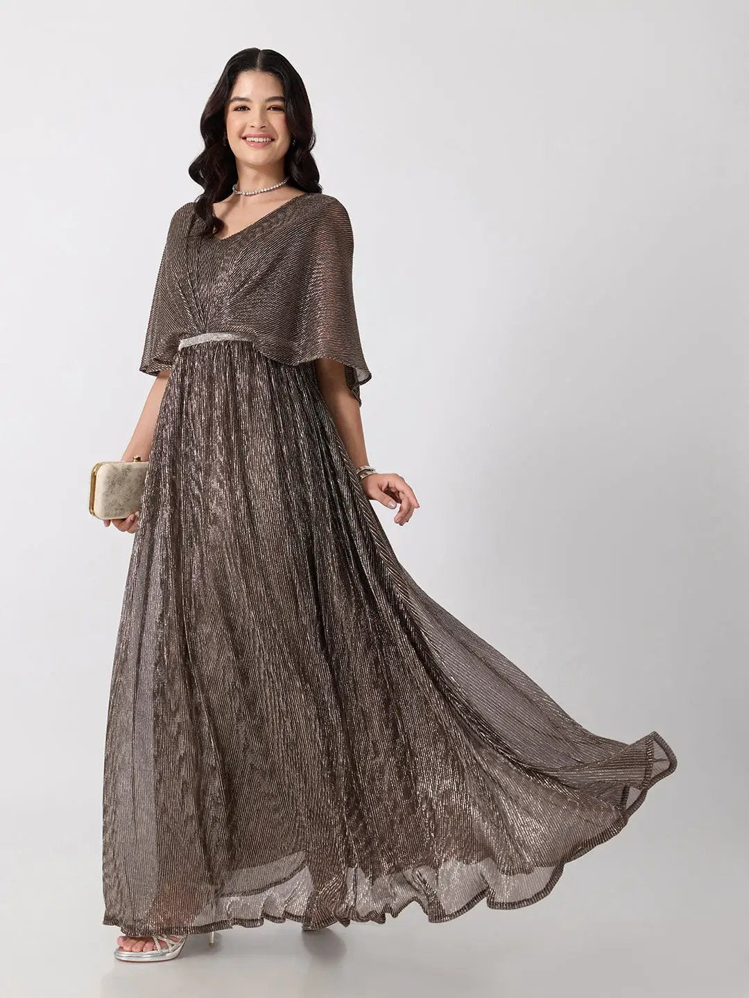 Women's Brown Flared Fit V Neck Maxi Gown with Embellished Waist