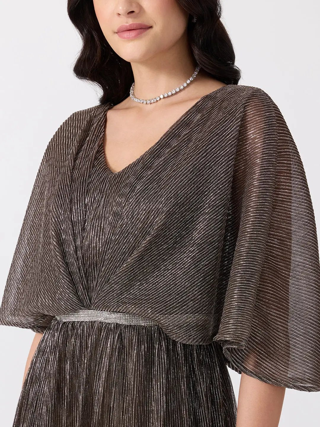 Women's Brown Flared Fit V Neck Maxi Gown with Embellished Waist