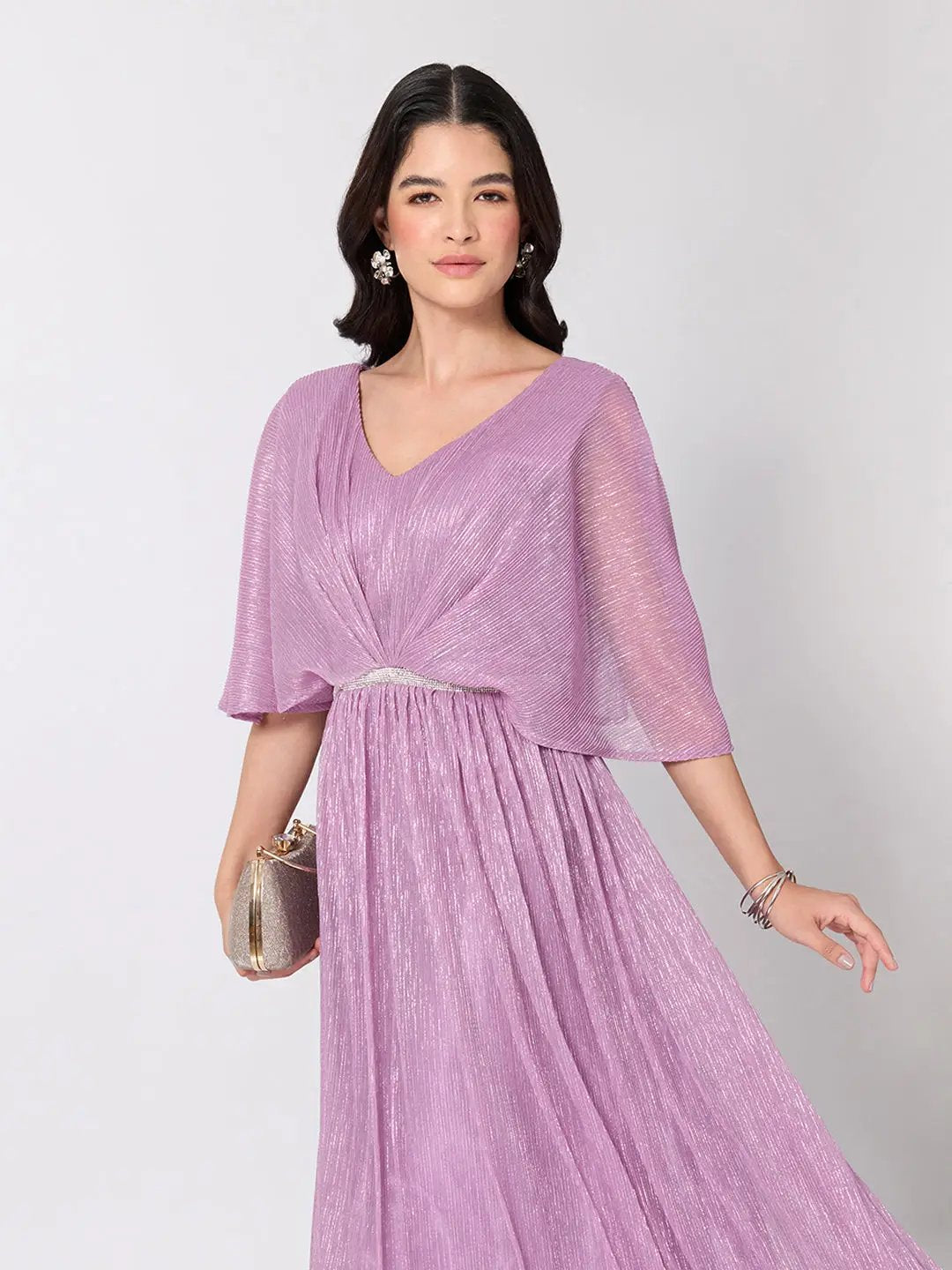 Women's Lavender Flared Fit V Neck Maxi Gown with Embellished Waist