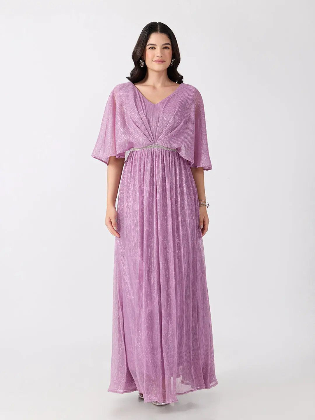Women's Lavender Flared Fit V Neck Maxi Gown with Embellished Waist
