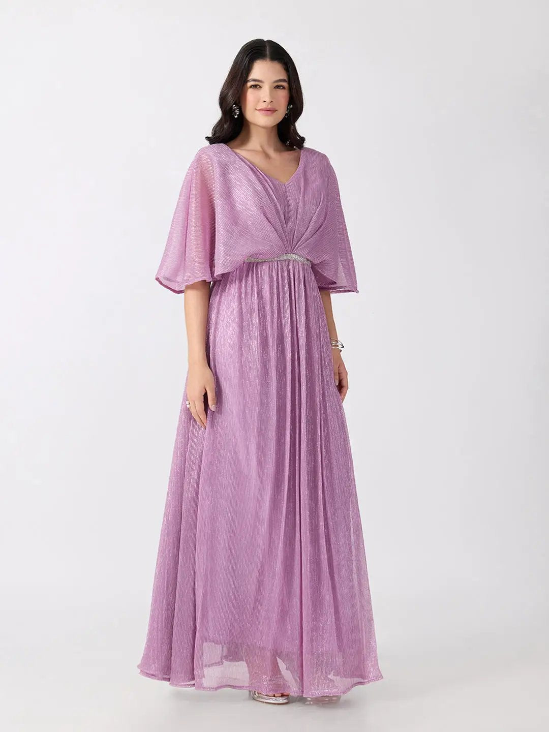 Women's Lavender Flared Fit V Neck Maxi Gown with Embellished Waist