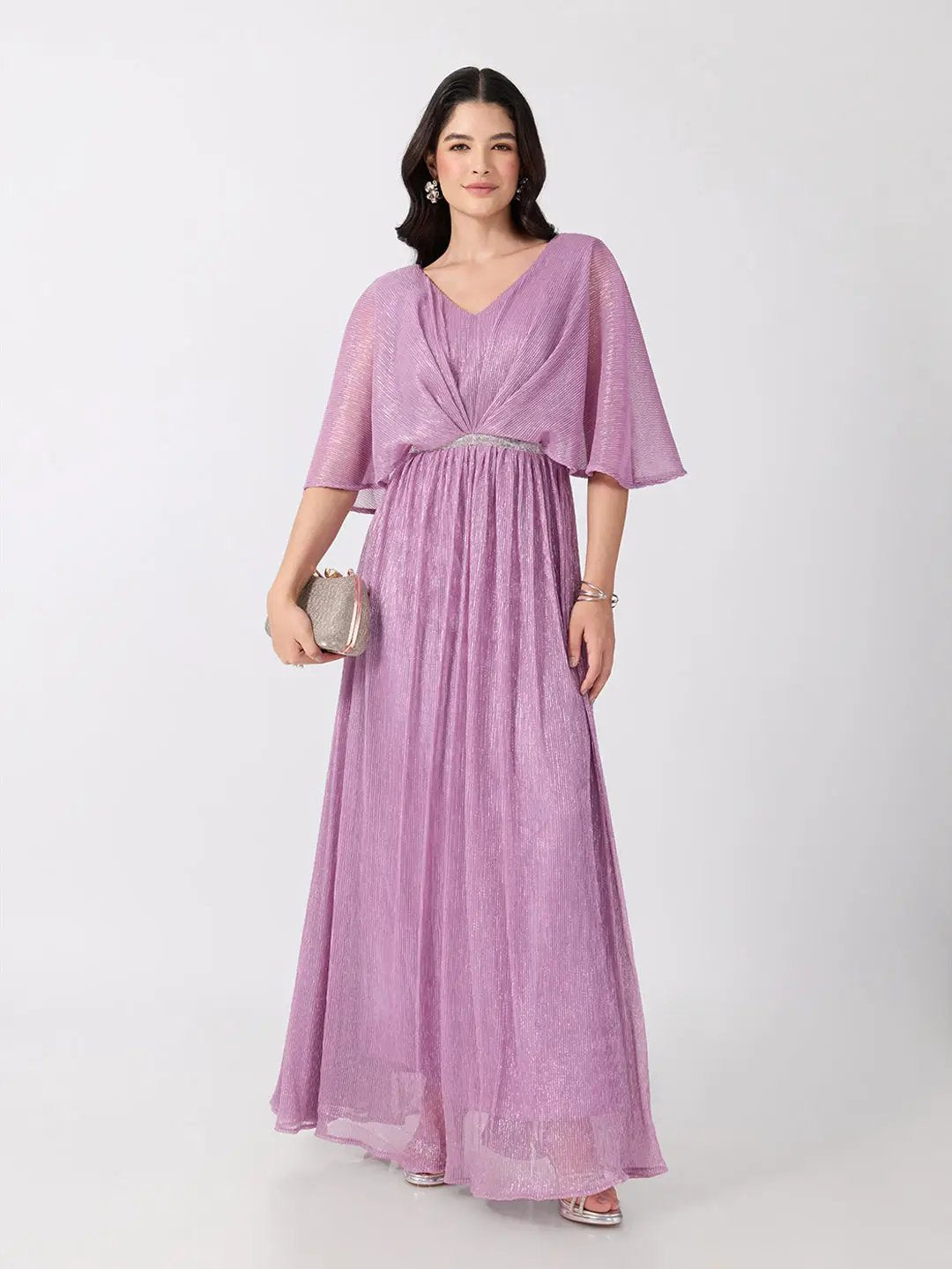 Women's Lavender Flared Fit V Neck Maxi Gown with Embellished Waist