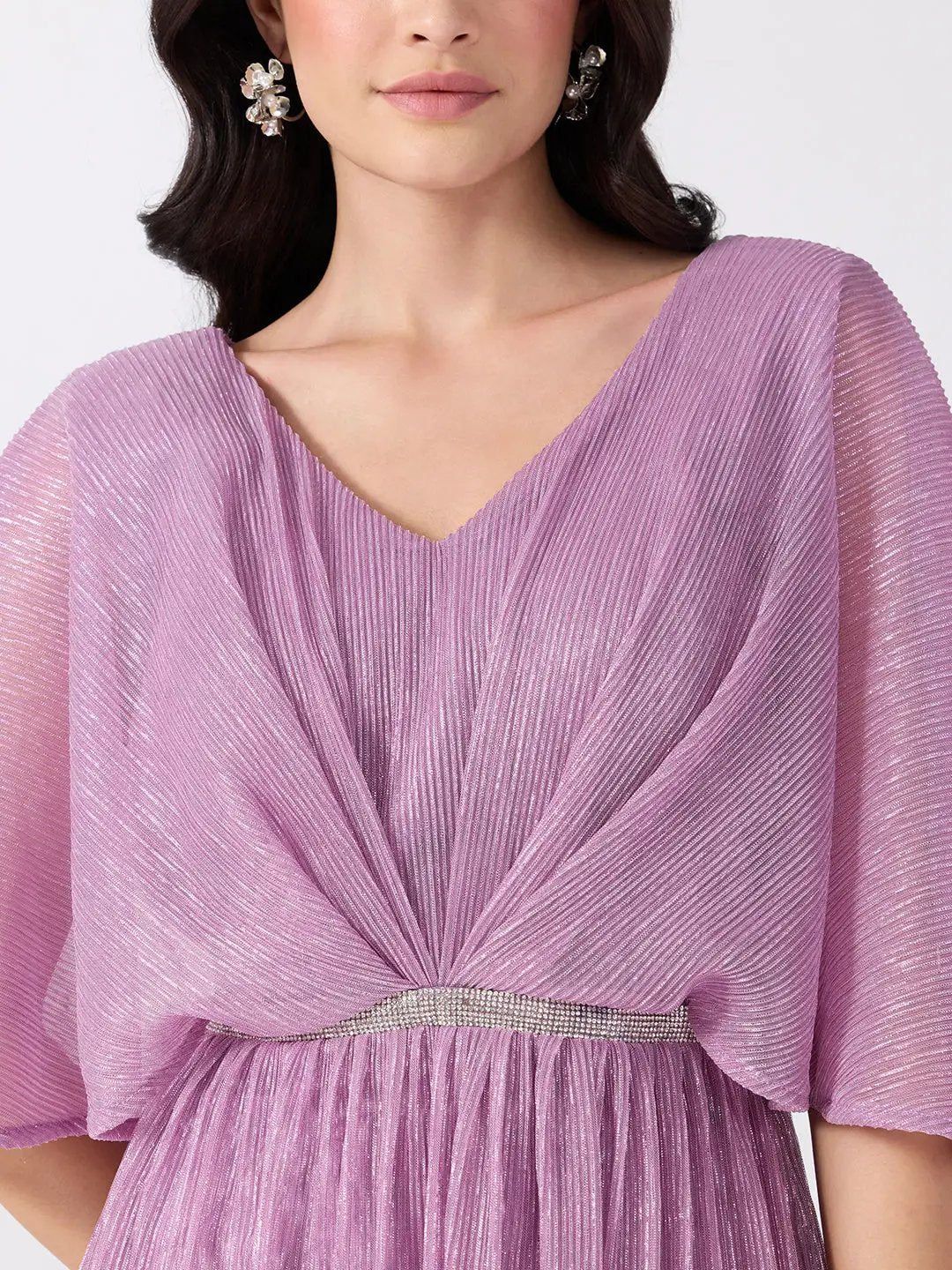Women's Lavender Flared Fit V Neck Maxi Gown with Embellished Waist