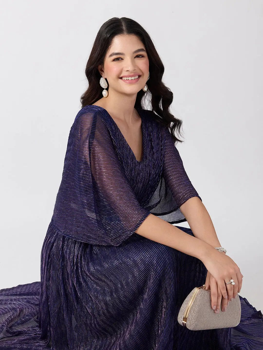 Women's Purple Flared Fit V Neck Maxi Gown with Embellished Waist