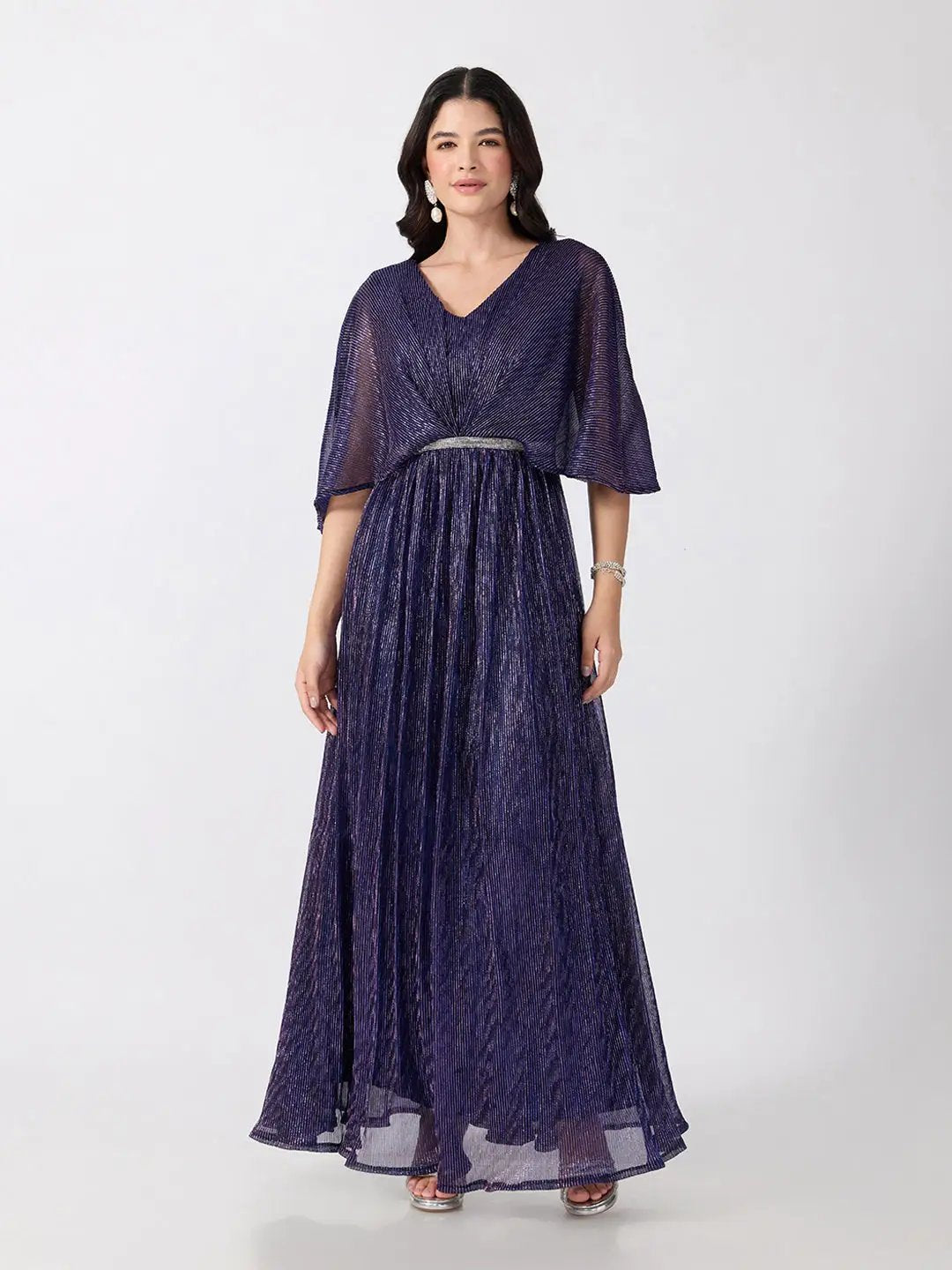 Women's Purple Flared Fit V Neck Maxi Gown with Embellished Waist