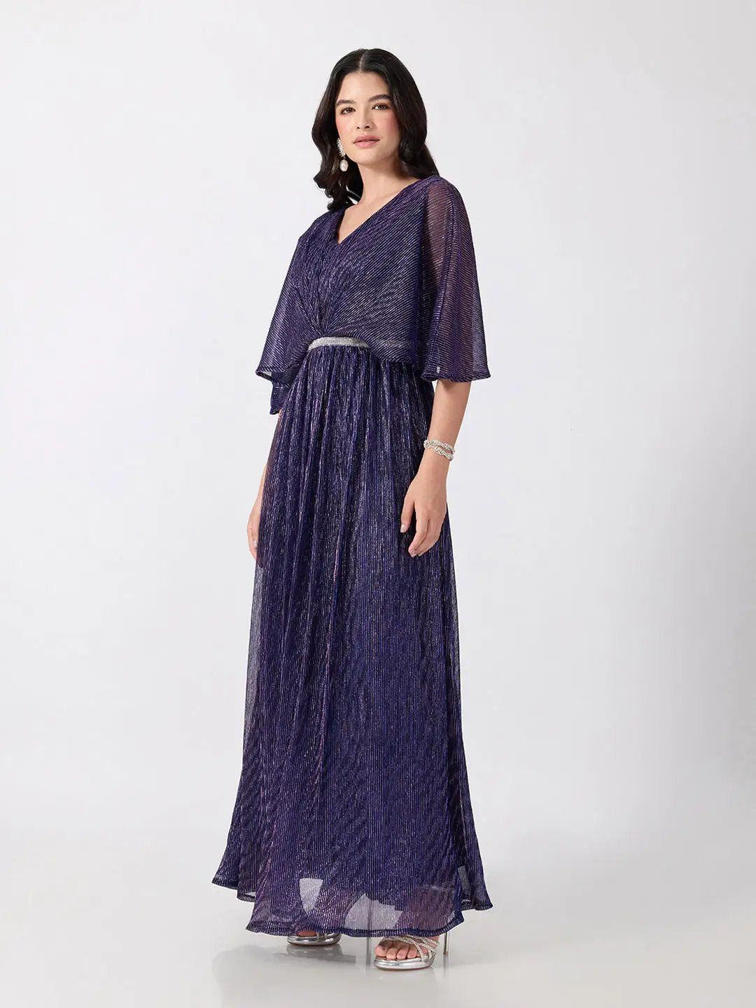 Women's Purple Flared Fit V Neck Maxi Gown with Embellished Waist