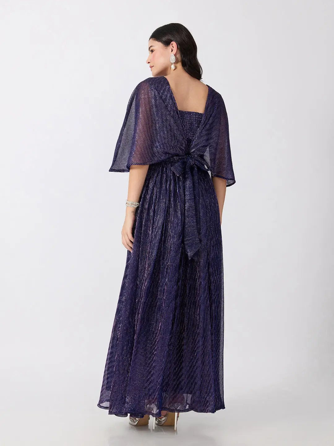 Women's Purple Flared Fit V Neck Maxi Gown with Embellished Waist