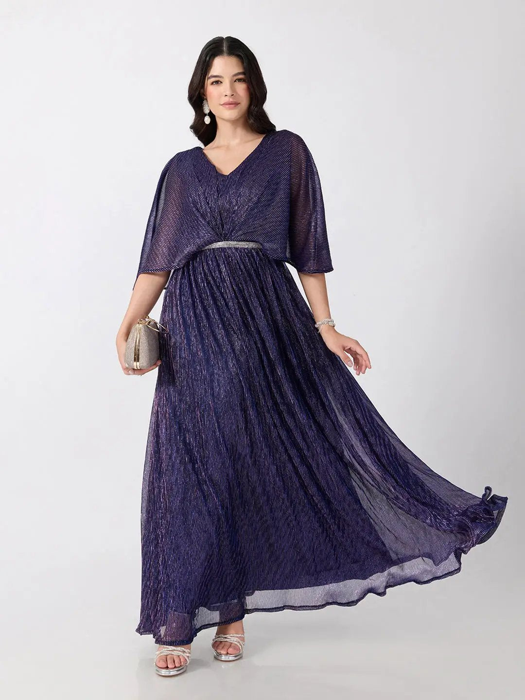 Women's Purple Flared Fit V Neck Maxi Gown with Embellished Waist