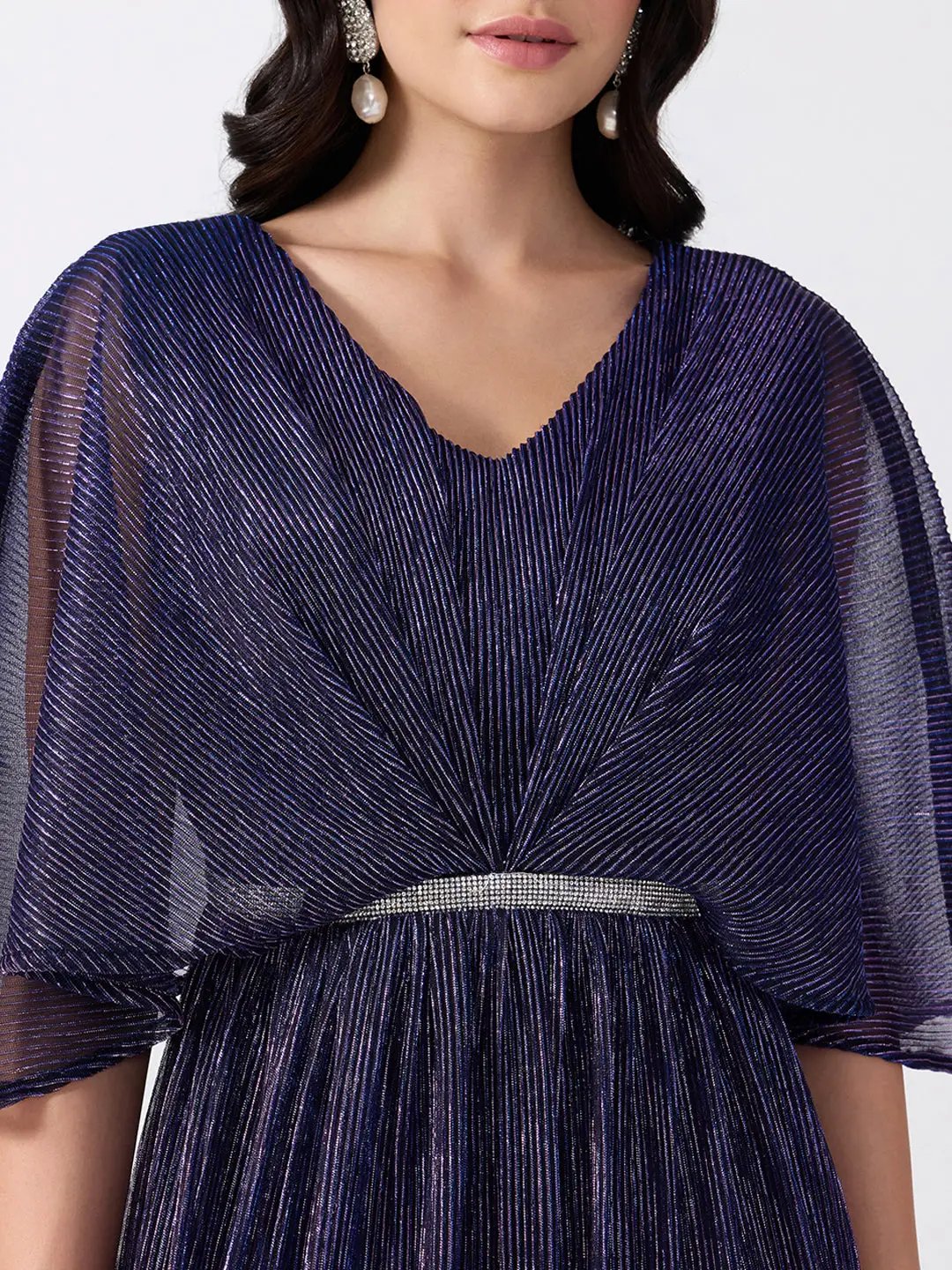 Women's Purple Flared Fit V Neck Maxi Gown with Embellished Waist
