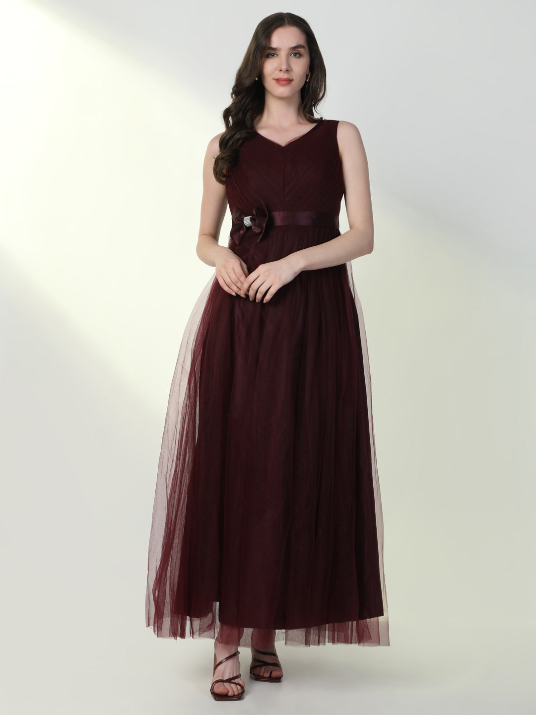 Women Solid Burgundy Gown Dress