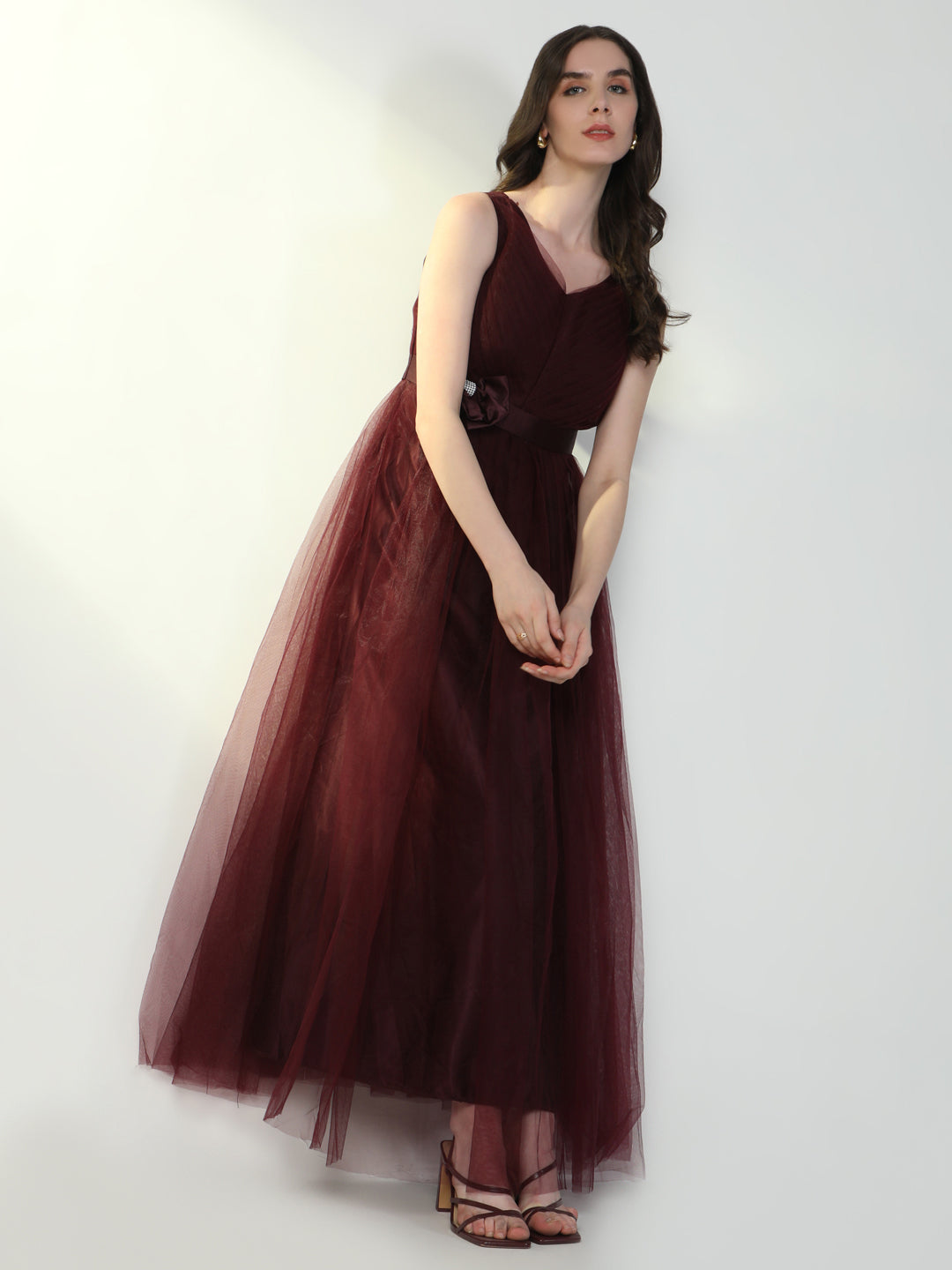 Women Solid Burgundy Gown Dress