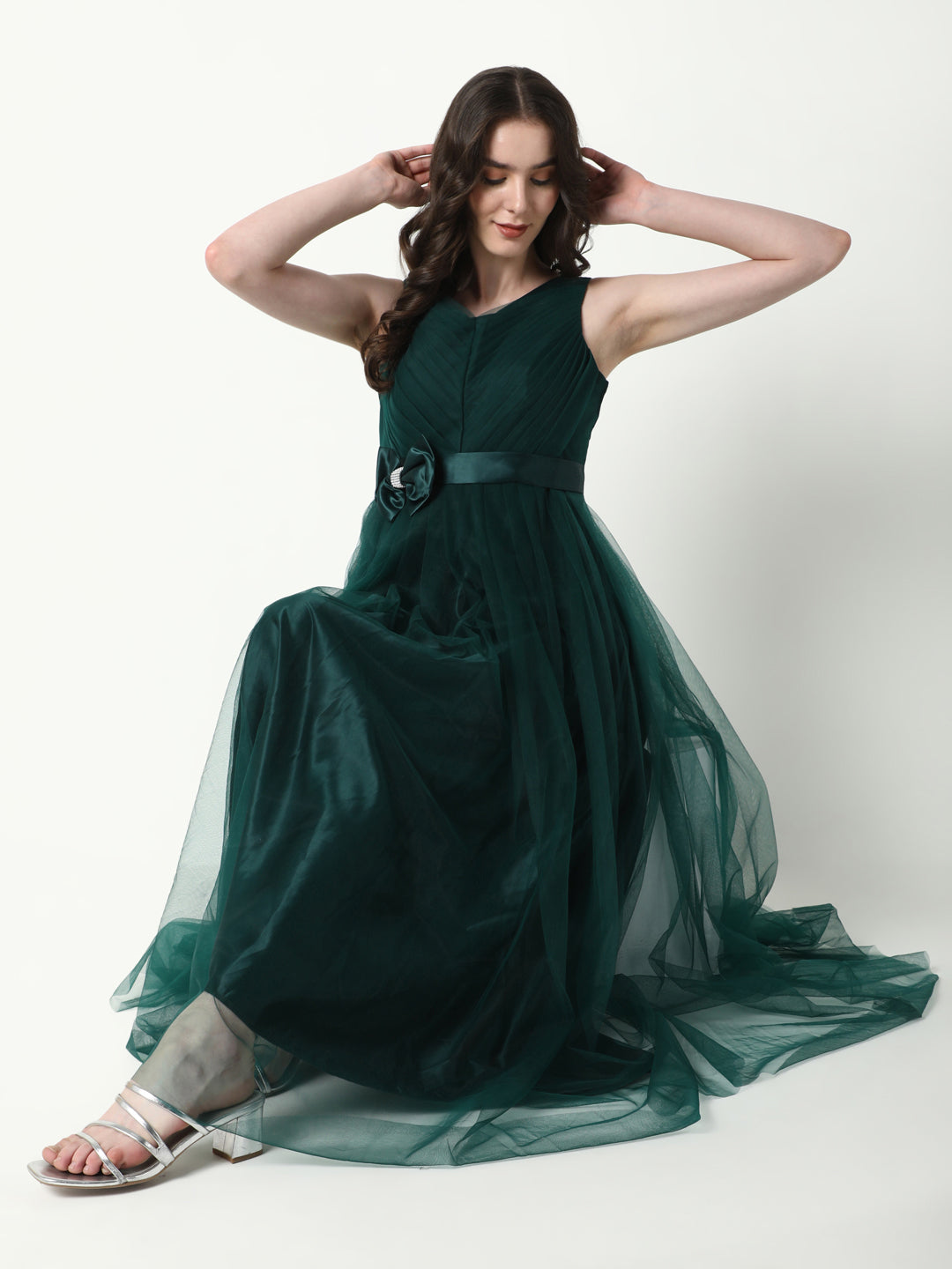 Women Solid Green Gown Dress