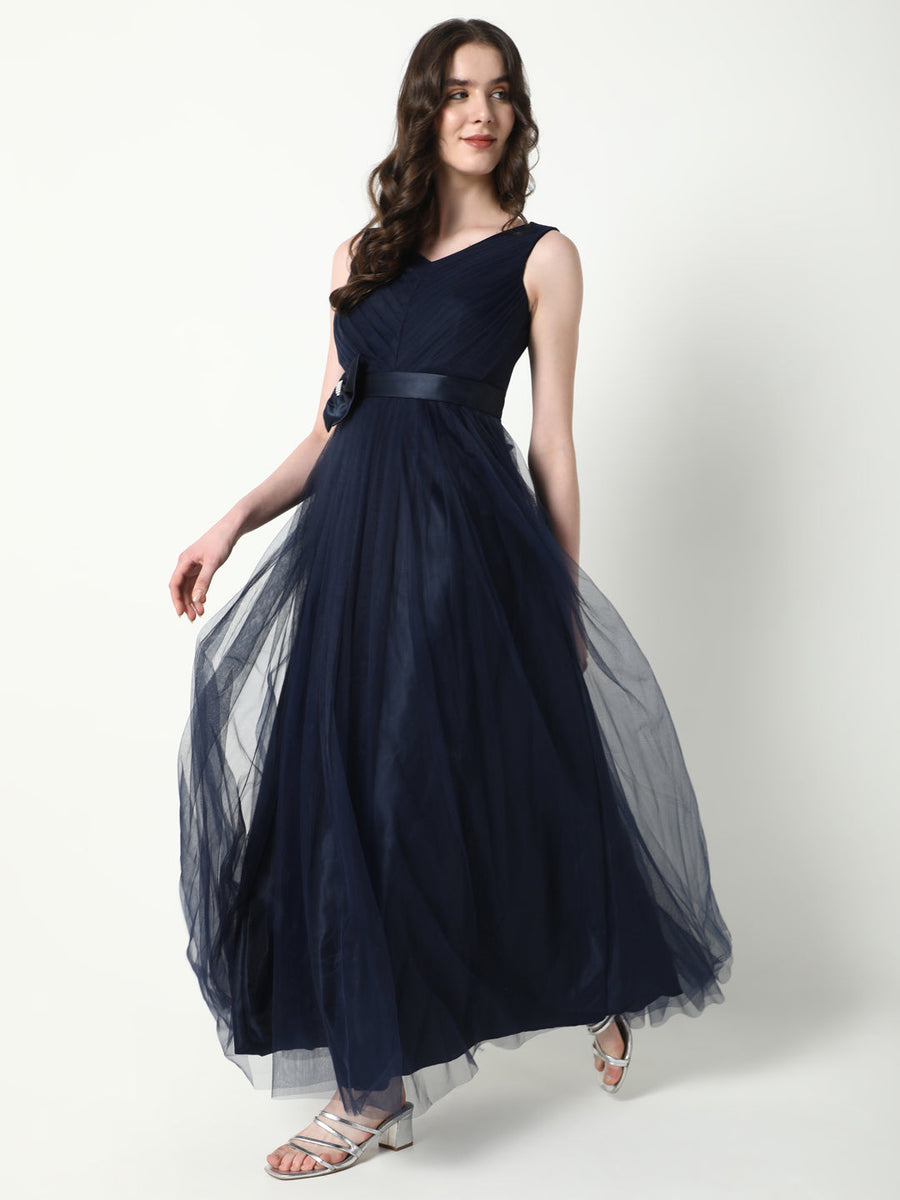 Elegant Women's Solid Navy Blue Gown Dress Showoffff