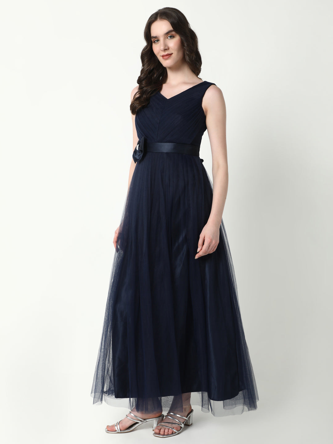 Women Solid Navy Blue Gown Dress