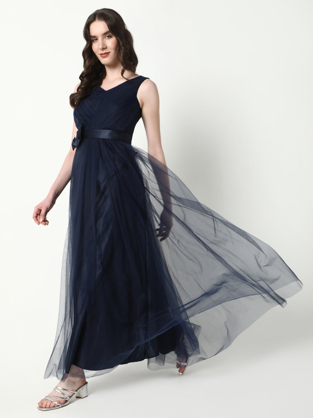 Women Solid Navy Blue Gown Dress