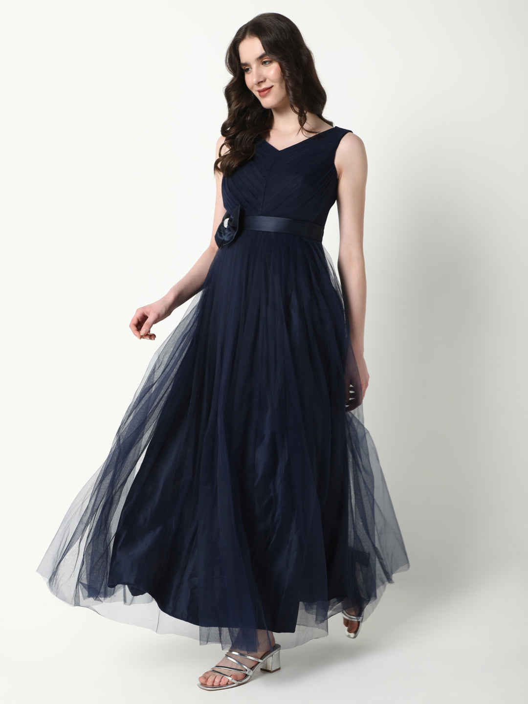 Women Solid Navy Blue Gown Dress