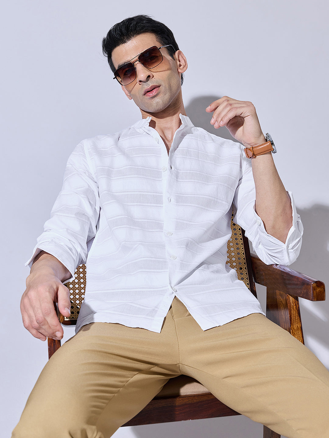 Men's Textured White Striped Full Sleeves Shirt