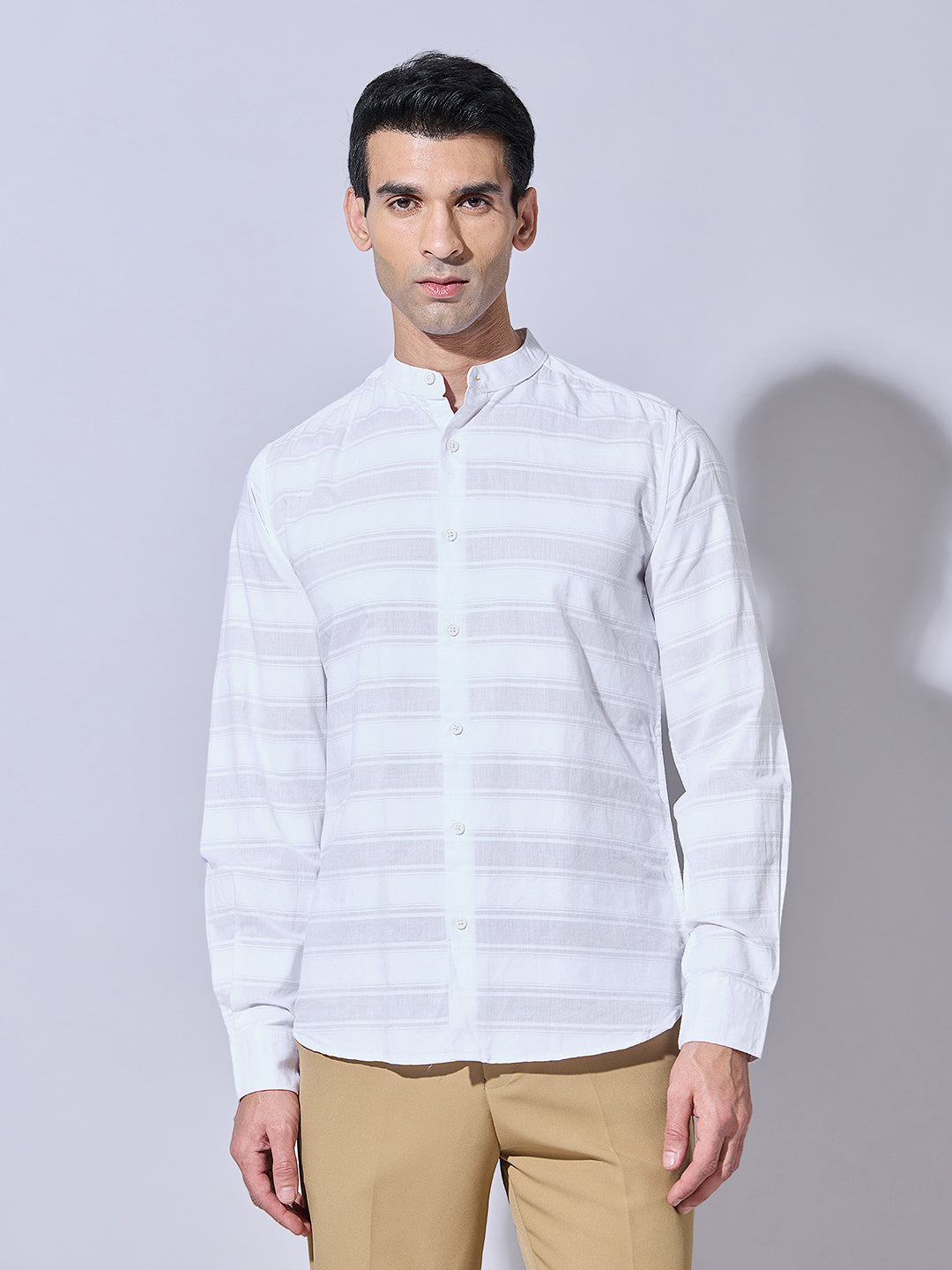 Men's Textured White Striped Full Sleeves Shirt