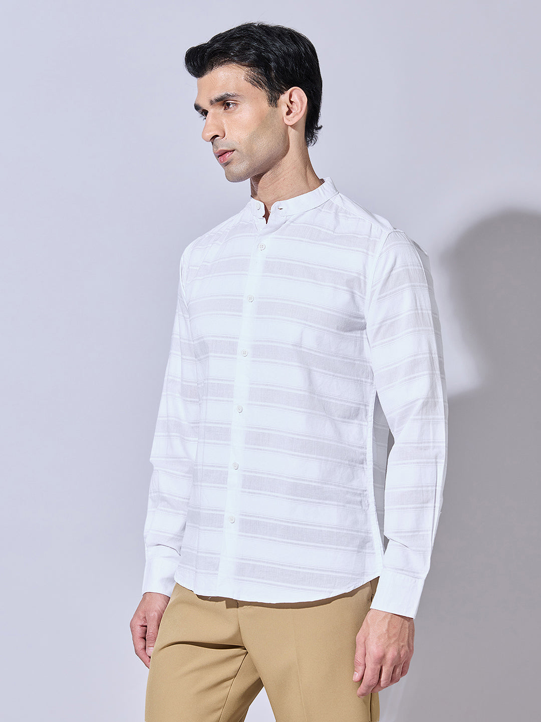 Men's Textured White Striped Full Sleeves Shirt