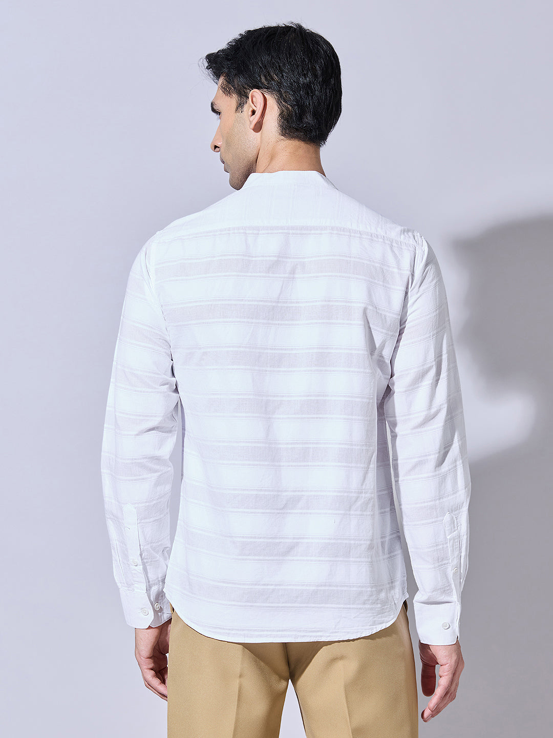 Men's Textured White Striped Full Sleeves Shirt