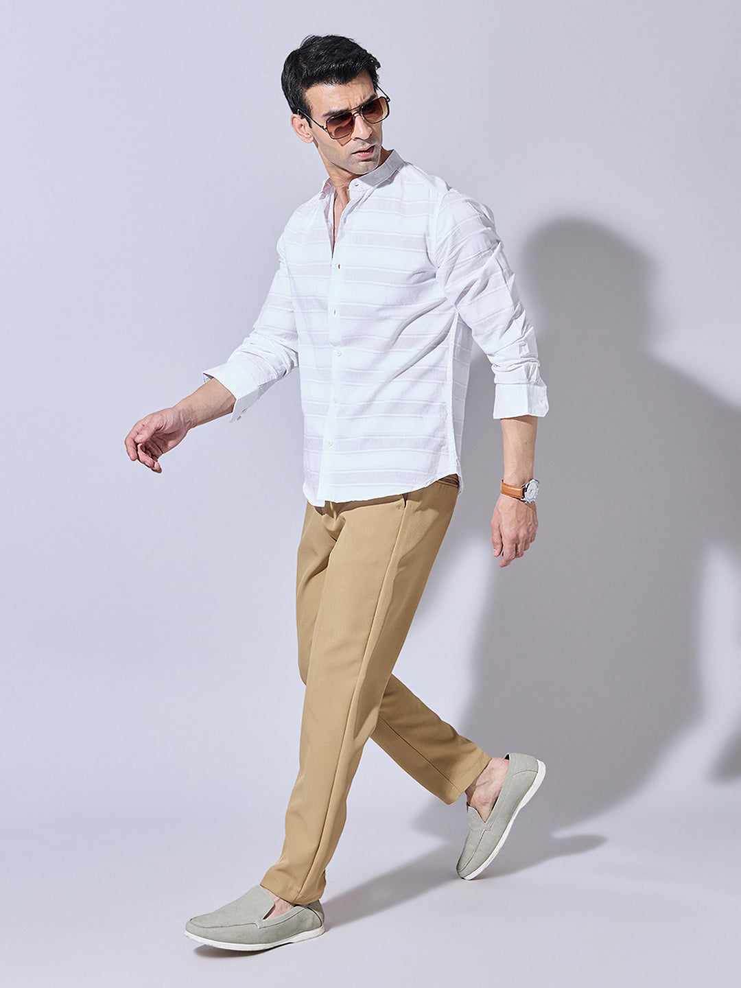 Men's Textured White Striped Full Sleeves Shirt