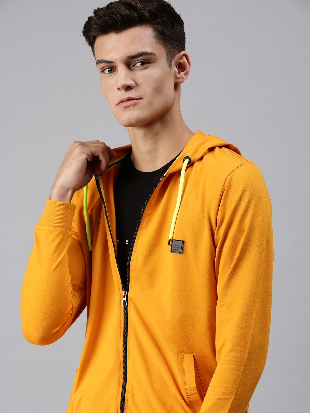 Men Hooded Solid Yellow Sweatshirt