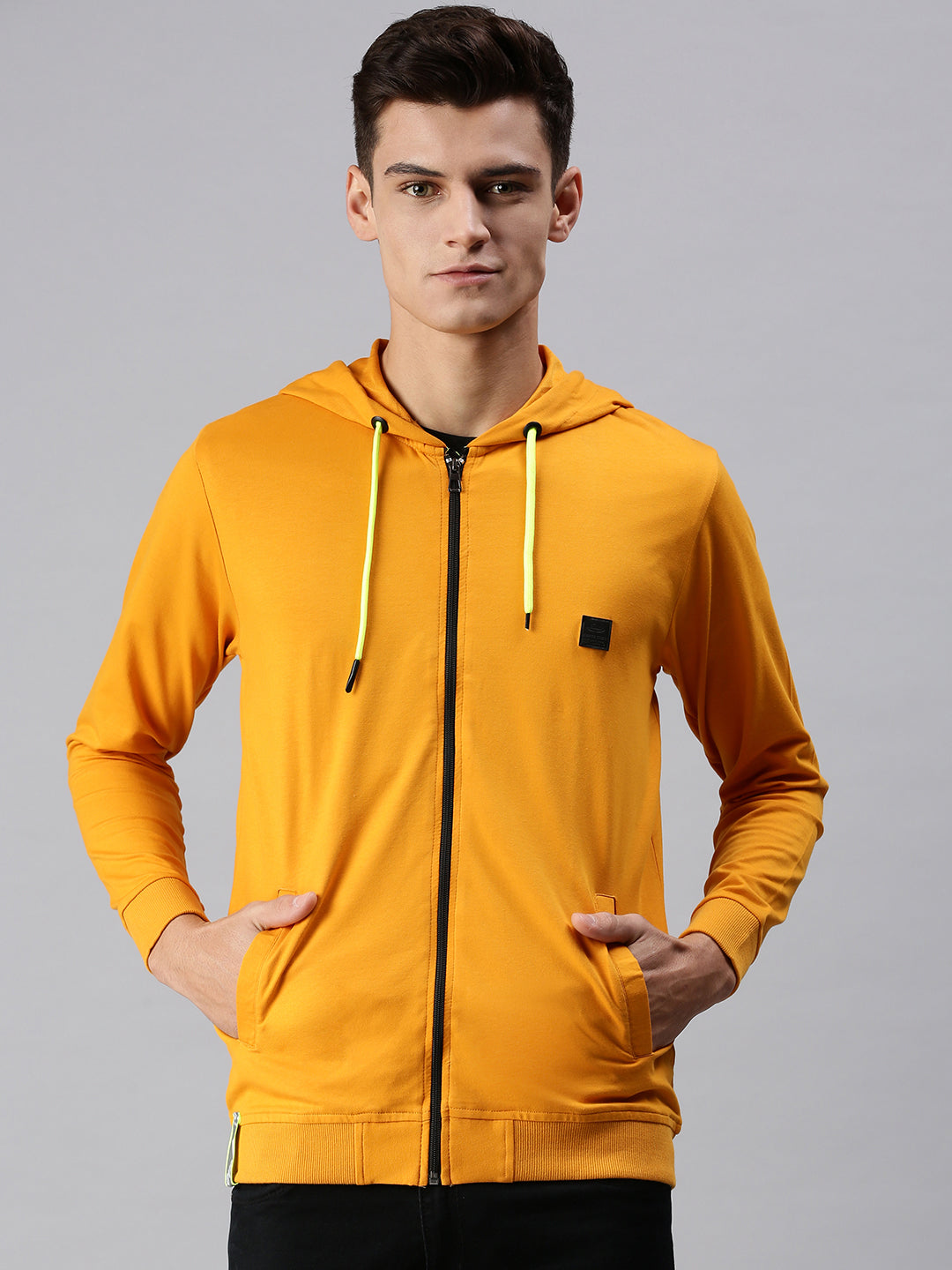 Men Hooded Solid Yellow Sweatshirt