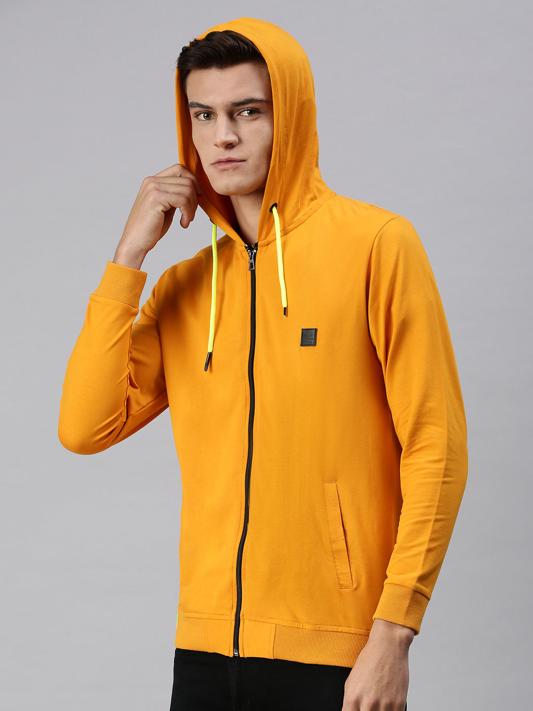 Men Hooded Solid Yellow Sweatshirt