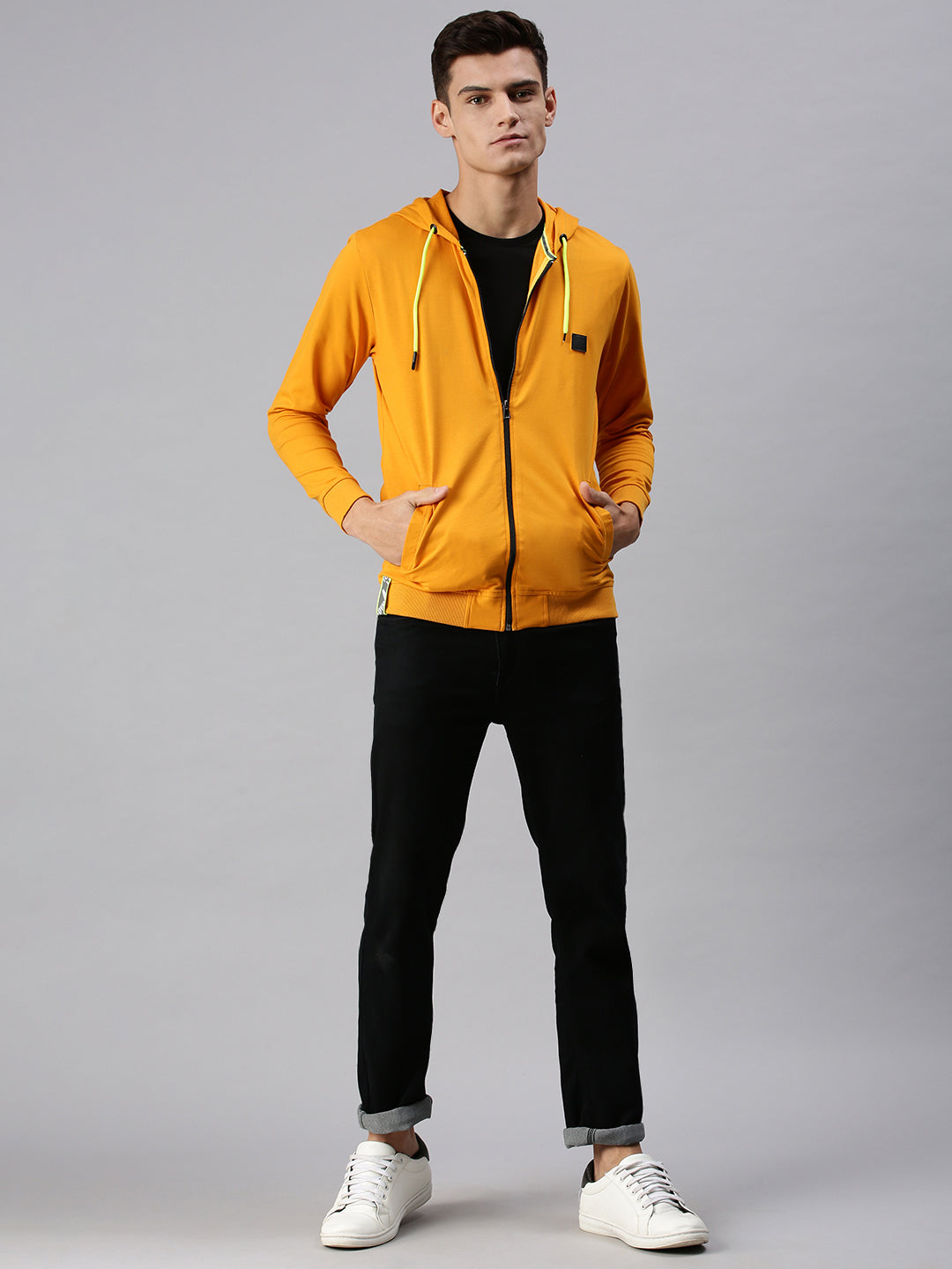 Men Hooded Solid Yellow Sweatshirt