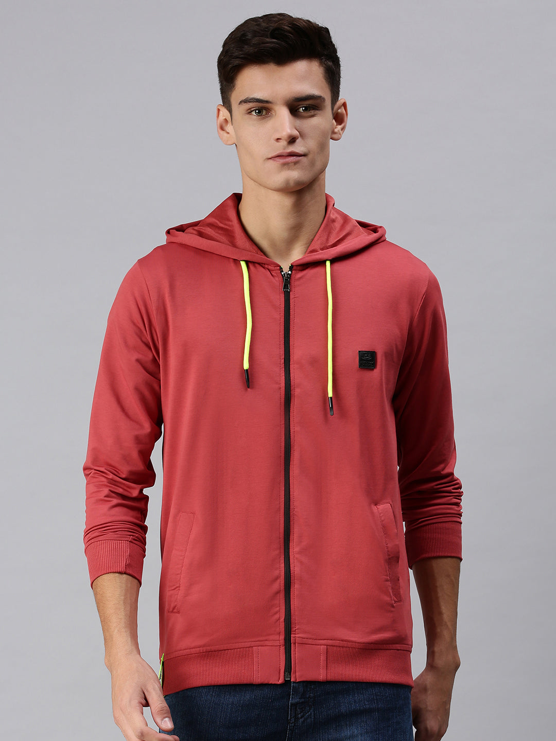 Men Hooded Solid Red Sweatshirt