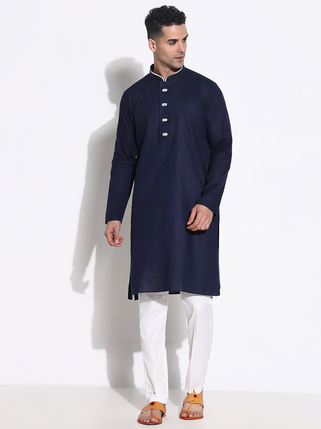 Men Navy Blue Solid Kurta Set