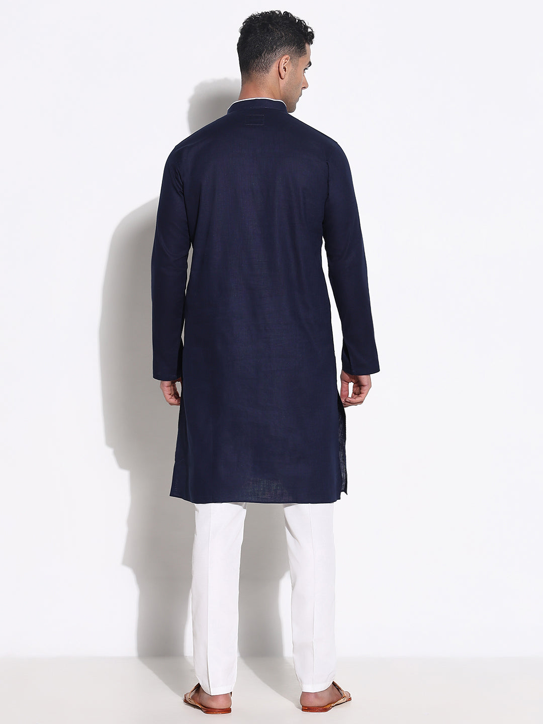 Men Navy Blue Solid Kurta Set