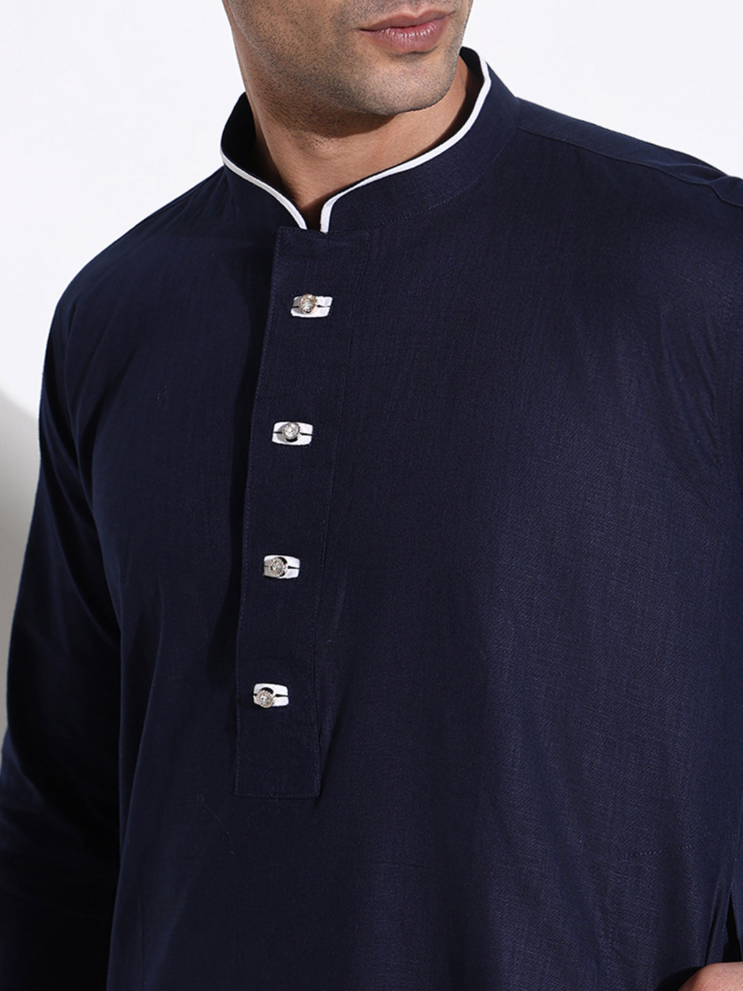 Men Navy Blue Solid Kurta Set