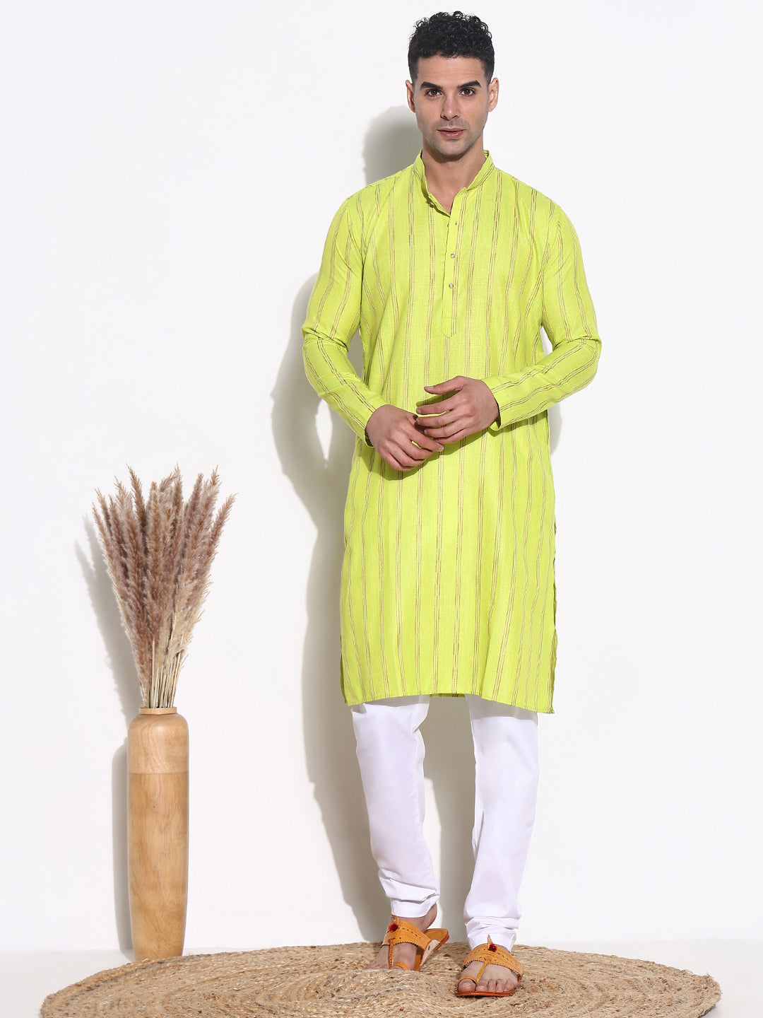 Men Green Striped Kurta Set