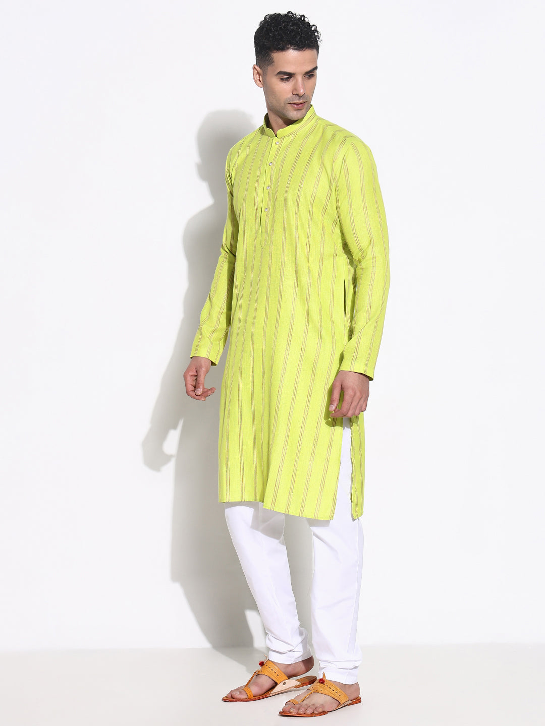 Men Green Striped Kurta Set