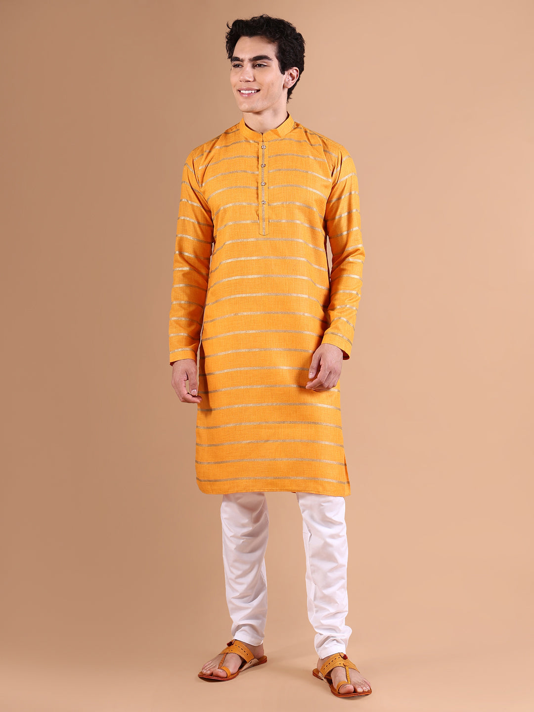 Men Mustard Striped Kurta Set