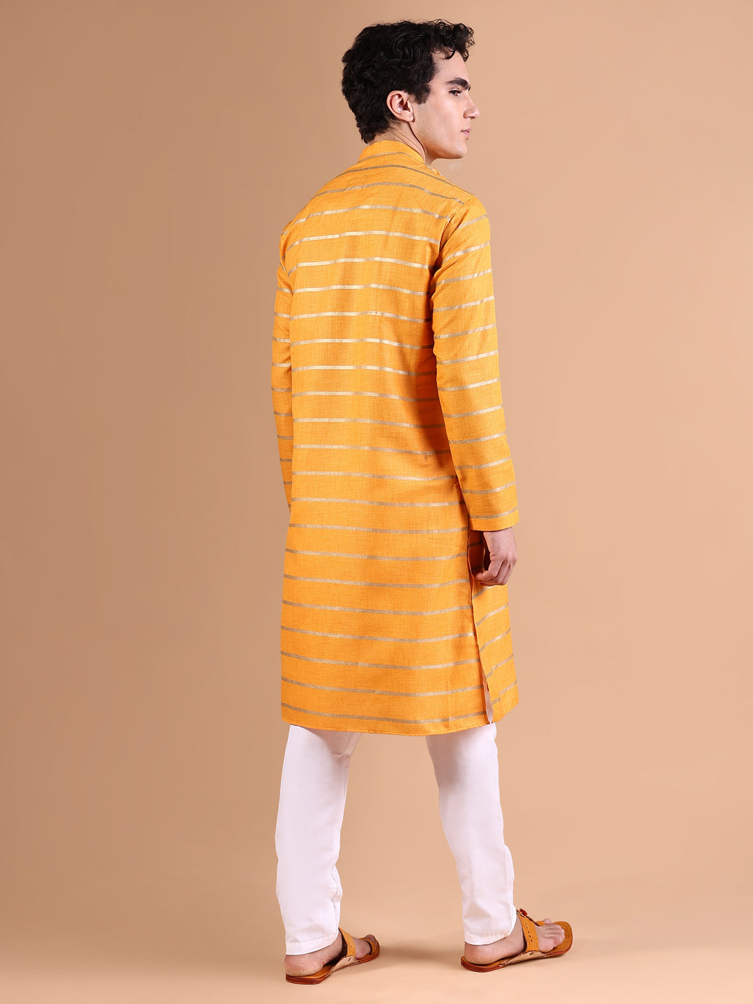 Men Mustard Striped Kurta Set