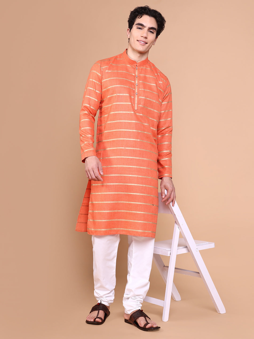 Men Orange Striped Kurta Set