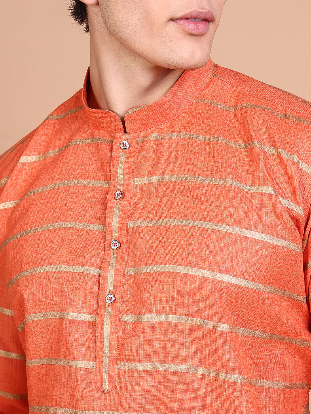 Men Orange Striped Kurta Set