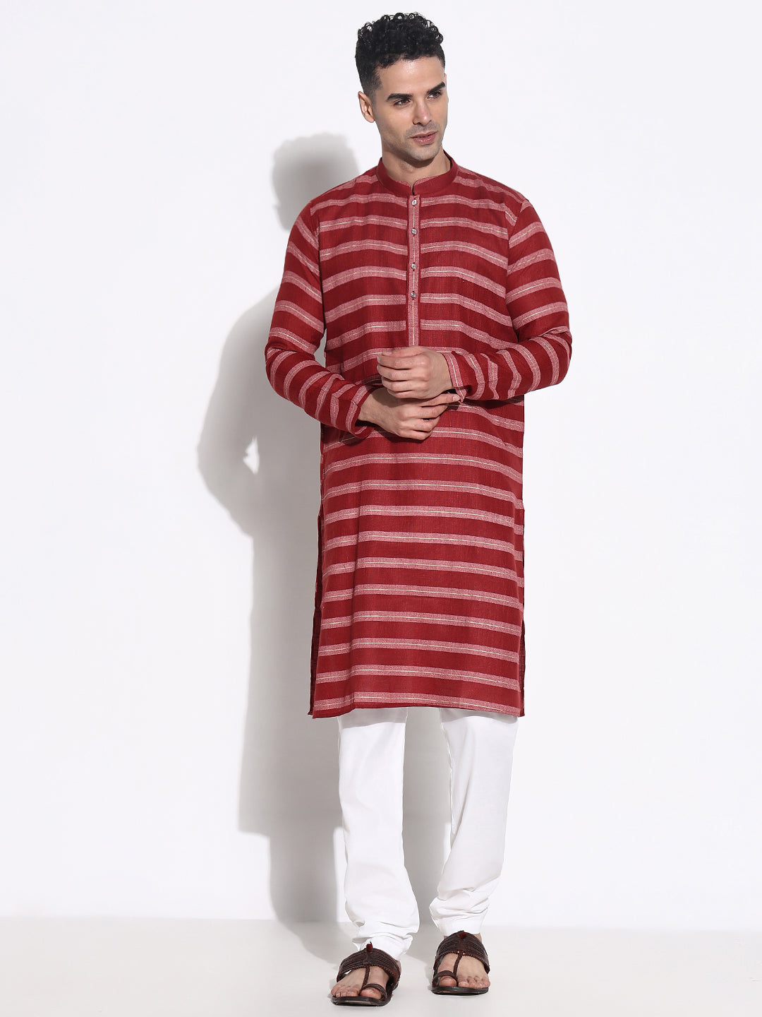 Men Maroon Striped Kurta Set