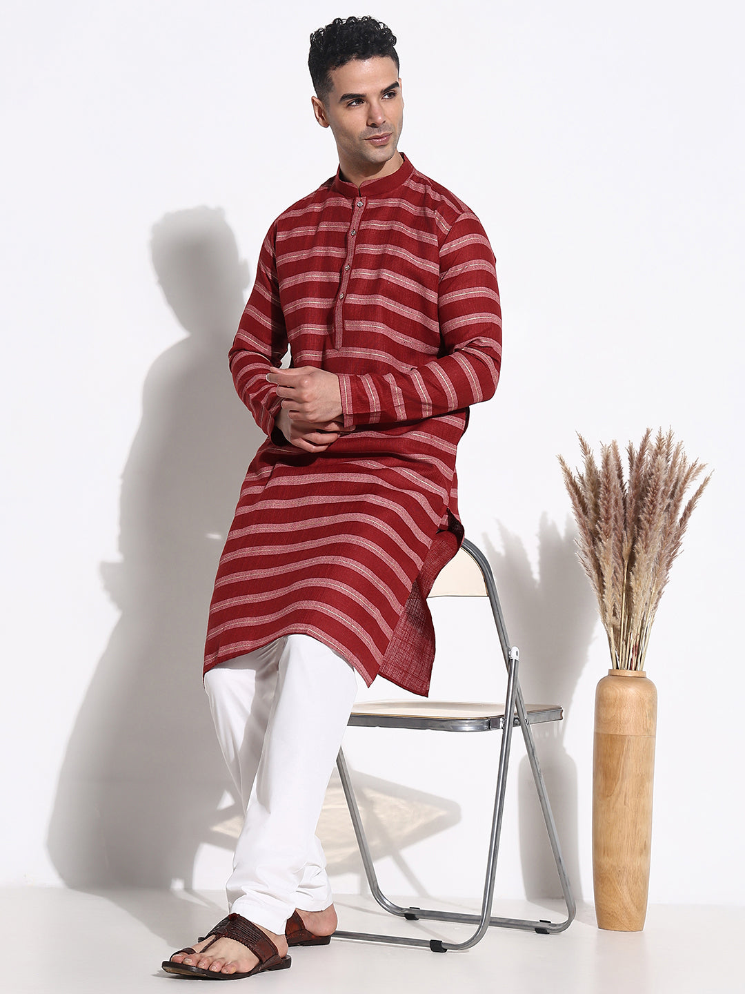 Men Maroon Striped Kurta Set