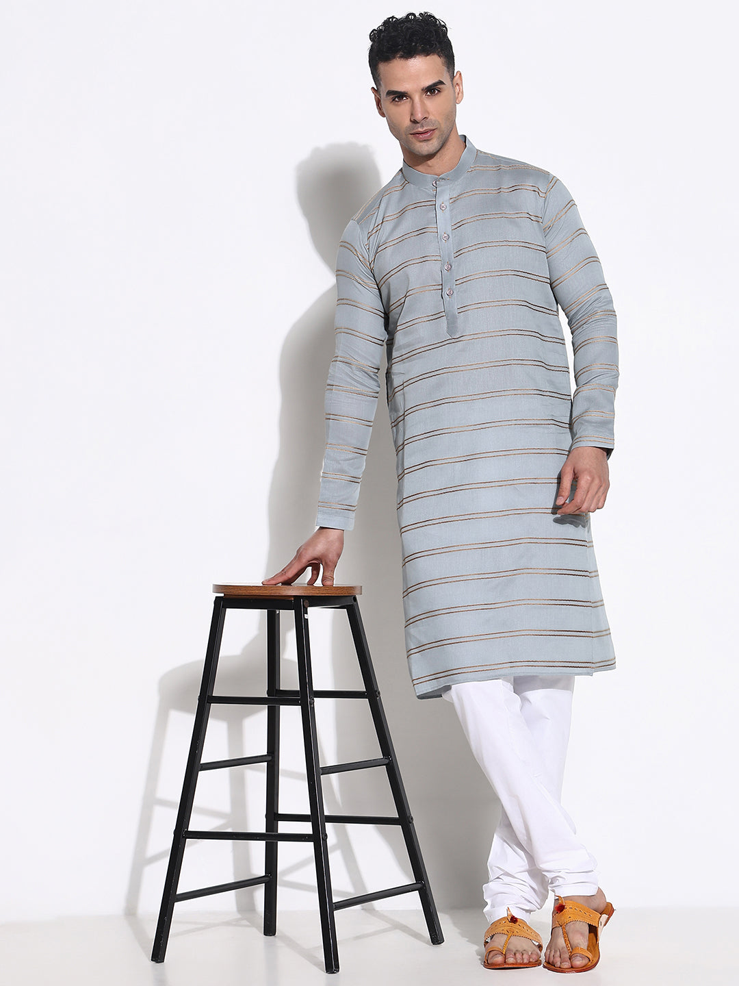 Men Grey Striped Kurta Set