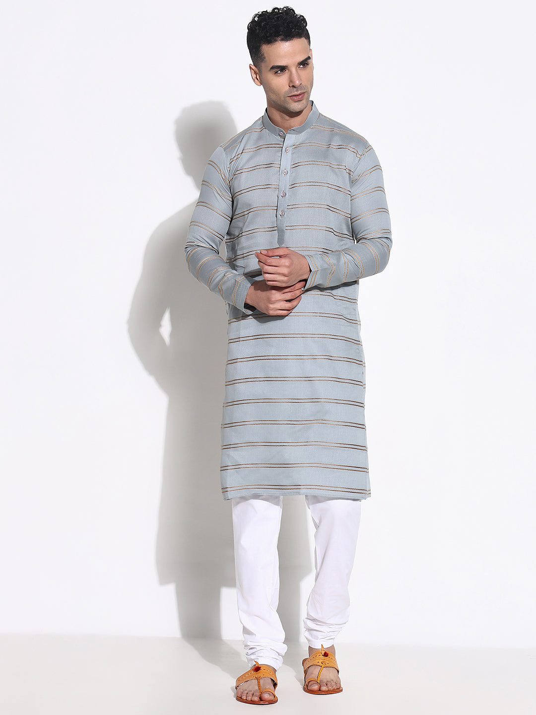 Men Grey Striped Kurta Set